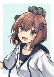 1girl blue_one-piece_swimsuit brown_eyes brown_hair headgear highres hood hooded_jacket jacket kantai_collection name_tag one-hour_drawing_challenge one-piece_swimsuit open_mouth radar_hair_ornament school_swimsuit short_hair smile solo speaking_tube_headset swimsuit swimsuit_under_clothes upper_body white_jacket yuki_4040 yukikaze_(kancolle) yukikaze_(swimsuit)_(kancolle)