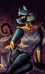 Rule 34 | 1girl, ancient egyptian, animal ears, aqua fur, cat ears, cat girl, cat tail, chimmerra, cthulhu mythos, dress, highres, medium hair, monster girl, nyanlathotep, one-eyed, sitting, solo, sucker for love, sucker for love: first date, tail, tentacles, white dress