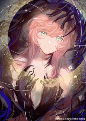 Rule 34 | 1girl, absurdres, aqua eyes, bare shoulders, black veil, blue veil, dress, highres, long hair, looking at viewer, momonika, nautika (reverse:1999), pink hair, reverse:1999, solo, strapless, strapless dress, two-tone veil, upper body, veil, watermark, weibo watermark