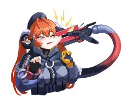 Rule 34 | 1girl, absurdres, biting, biting another&#039;s head, breasts, cheek squash, dragon girl, dragon horns, face squeeze, fingerless gloves, gloves, grabbing another&#039;s face, green eyes, hair between eyes, hat, head grab, highres, hood, horns, jacket, long hair, magus (zenless zone zero), mechanical horns, mechanical tail, orange hair, orange pupils, orphie magnusson, pointy ears, squeezing cheeks, stag1215, tail, twintails, zenless zone zero
