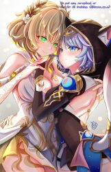 2girls absurdres aglaea_(honkai:_star_rail) animal_ear_hood animal_ears arm_around_back black_hoodie blonde_hair blue_eyes blush breast_press breasts cat_ears cat_tail cipher_(honkai:_star_rail) cleavage closed_mouth clothing_cutout commentary_request dress fake_animal_ears fingernails green_eyes grey_hair hair_between_eyes highres honkai:_star_rail honkai_(series) hood hoodie interlocked_fingers large_breasts looking_at_another multiple_girls nail_polish shoulder_cutout signature smile symmetrical_docking tail tomoe_(pixiv_53856103) twitter_username white_dress yellow_nails