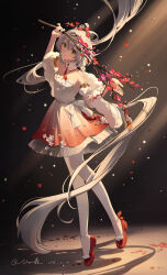 1girl absurdly_long_hair absurdres artist_name bow-shaped_hair branch closed_mouth commentary_request dated detached_collar dress falling_petals feather_boa flower full_body gradient_clothes gradient_dress green_eyes grey_hair hair_flower hair_ornament highres holding holding_branch light_particles long_hair looking_at_viewer luo_tianyi morimori_(14292311) pantyhose petals plum_blossoms red_flower red_shoes shadow shoes solo strapless strapless_dress tassel very_long_hair vocaloid vsinger_(vocaloid) white_flower white_pantyhose