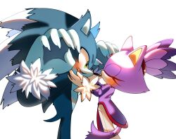 1boy 1girl animal_ears arms_up blaze_the_cat blush cat_ears cat_tail closed_eyes commission fang furry furry_female grabbing_another&#039;s_chin hand_on_another&#039;s_chin highres kiss kissing_nose nuinu_17 smile sonic_(series) sonic_the_hedgehog sonic_the_werehog sonic_unleashed standing tail werehog white_background
