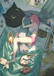 1girl bandaid bandaid_on_leg bare_legs barefoot cat clock from_above hug jhigf legs manga_(object) on_bed original pink_hair pink_shorts room sandals shorts sleeping slice_of_life tank_top white_tank_top