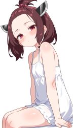 1girl absurdres bangs_pinned_back blush breasts brown_hair closed_mouth commentary_request dress forehead frilled_dress frills highres looking_at_viewer red_eyes shiguren_39 short_hair simple_background sitting small_breasts solo sundress touhoku_kiritan voiceroid white_background white_dress