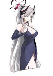 Rule 34 | 1girl, absurdres, bare shoulders, blue archive, blue dress, blue eyes, blue gloves, breasts, cleavage, demon horns, dress, elbow gloves, gloves, grey hair, hair over one eye, highres, horns, large breasts, long hair, makoto (blue archive), makoto (dress) (blue archive), mark jin, multiple horns, solo, swept bangs