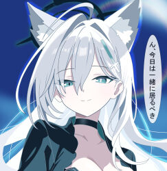 1girl absurdres animal_ear_fluff animal_ears black_choker black_dress blue_archive blue_eyes breasts choker cleavage closed_mouth commentary_request dress extra_ears gallve grey_hair hair_behind_ear hair_between_eyes highres long_bangs long_hair looking_at_viewer shiroko_(blue_archive) shiroko_terror_(blue_archive) sidelocks smile solo translation_request upper_body wolf_ears wolf_girl