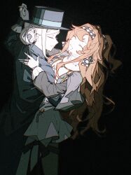 Rule 34 | 2girls, black background, black coat, black headwear, blue ribbon, checkered hairband, closed eyes, coat, dancing, dress, gloves, grey dress, hairband, hand on another&#039;s back, hat, high collar, highres, holding hands, ligne claire, long hair, long sleeves, multiple girls, open mouth, orange hair, parted lips, reverse:1999, ribbon, smile, sonetto (reverse:1999), top hat, two side up, vertin (reverse:1999), white gloves, yuri, zhizhizi