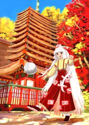 1girl absurdres architecture autumn_leaves blue_sky bow brown_shoes collared_shirt commentary_request day east_asian_architecture fujiwara_no_mokou full_body hair_bow highres leaf long_hair looking_at_viewer ofuda ofuda_on_clothes open_mouth outdoors pagoda pants red_eyes red_pants ritsuzou shirt shoes sky smile solo suspenders touhou tree very_long_hair white_bow white_hair yellow_shirt