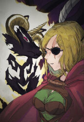 Rule 34 | 1girl, alicia glenfall, blonde hair, blue eyes, breasts, cape, clevatess: majuu no ou to akago to shikabane no yuusha, closed mouth, dress, green dress, horns, large breasts, patch, red cape, scar, scar across eye, scar on face, serious, shirt, user vyfd7223, wolf