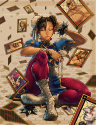 1girl alex_(street_fighter) bad_deviantart_id bad_id blueberserker bracelet brown_hair bun_cover capcom card china_dress chinese_clothes chun-li closed_eyes double_bun dress female_focus floating_card flower freckles guile hair_bun jewelry necro_(street_fighter) pantyhose pelvic_curtain rose_(street_fighter) sagat sitting solo spiked_bracelet spikes street_fighter street_fighter_iii_(series) vega_(street_fighter) zangief