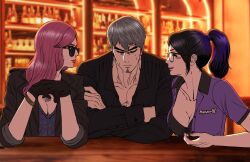 1boy 2girls bar_(place) black_gloves breasts cdtxufre cleavage closed_eyes facial_hair girl_sandwich glasses gloves goatee grey_hair highres kei_(ryuu_ga_gotoku) kiryu_kazuma kson kson_(person) looking_at_another multiple_girls pink_hair ponytail purple_hair purple_shirt ryuu_ga_gotoku_(series) ryuu_ga_gotoku_8 sandwiched seonhee shirt sitting the_weaker_sex_1_(gibson)