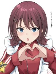 1girl apron blue_eyes brown_hair chromatic_aberration girls_band_cry hair_between_eyes heart heart_hands highres iseri_nina light_blush looking_at_viewer nail_polish rrtp short_hair simple_background sportswear teeth translation_request twintails upper_body upper_teeth_only