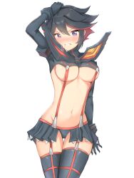 Rule 34 | 1girl, absurdres, black boots, black gloves, black hair, black serafuku, black skirt, blush, boots, breasts, clenched teeth, commentary request, cowboy shot, eru (aeeu2243), gloves, hand on own head, highres, kill la kill, large breasts, looking at viewer, matoi ryuuko, miniskirt, multicolored hair, navel, pleated skirt, purple eyes, red hair, red trim, school uniform, senketsu, serafuku, short hair, showgirl skirt, simple background, skirt, solo, stomach, streaked hair, suspenders, tachi-e, teeth, thigh boots, underboob, white background