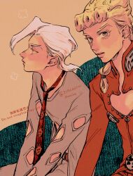 2boys absurdres asymmetrical_bangs belt blonde_hair braid bug clothing_cutout colored_eyelashes curtained_hair earrings giorno_giovanna grey_eyes grey_pants grey_shirt highres insect jacket jewelry jojo_no_kimyou_na_bouken ladybug ladybug_ornament long_hair looking_at_viewer male_focus medium_hair multiple_boys necktie okokoro_zaiku pannacotta_fugo pants red_belt red_jacket red_necktie red_pants shirt sitting stud_earrings twitter_username vento_aureo victory_rolls watermark white_hair