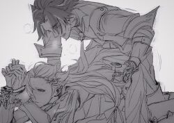 2boys anal animal_ears bdsm bent_over bondage bound bound_wrists cuffed_wrists cuffs ear_piercing ear_piercings genshin_impact greyscale hamtungss handcuffs heavy_breathing highres long_hair male_focus male_penetrated monochrome multiple_boys neuvillette_(genshin_impact) no_visible_genitalia open_clothes open_shirt piercing pointy_ears sex sex_from_behind sketch sleeve_cuffs sweat sweatdrop tie worried wriothesley_(genshin_impact) yaoi