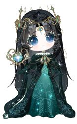 Rule 34 | 1girl, absurdres, aqua dress, aqua eyeshadow, bare shoulders, black cape, black choker, black dress, black gloves, black hair, blue eyes, cape, choker, circlet, closed mouth, deformed, dress, elbow gloves, eyelashes, eyeshadow, full body, gloves, gold circlet, gown, happy, head tilt, highres, infinity nikki, lace, lace-trimmed dress, lace trim, layered dress, light blush, light particles, long hair, looking at viewer, makeup, nikki (series), object floating above hand, off-shoulder dress, off shoulder, orb, parted bangs, short sleeves, simple background, slit pupils, smile, solo, sparkle, standing, straight hair, tareme, tide of tears (infinity nikki), very long hair, white background, zhizhizhizhizhizong