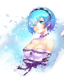 10s 1girl bare_shoulders blue_eyes blue_hair breasts closed_mouth collarbone female_focus hair_ornament hair_over_one_eye hairband highres medium_breasts re:zero_kara_hajimeru_isekai_seikatsu rem_(re:zero) solo upper_body wookyung x_hair_ornament
