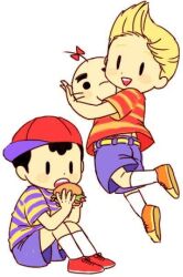 1other 2boys artist_request bad_tag black_hair burger child doseisan hat lucas_(mother_3) mother_(series) mother_2 mother_3 multiple_boys ness_(mother_2) nintendo shirt sitting source_request striped_clothes striped_shirt super_smash_bros.