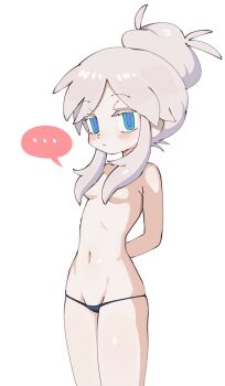 ... 1girl arms_behind_back batrobin_k black_panties blue_eyes blush breasts closed_mouth colored_eyelashes cowboy_shot cropped_legs deux_murasame expressionless grey_hair groin gundam gundam_gquuuuuux hair_bun hair_censor hair_over_breasts highres long_hair looking_at_viewer lowleg lowleg_panties medium_hair navel panties petite sidelocks simple_background single_hair_bun skinny small_breasts solo speech_bubble spoken_ellipsis standing thong underwear underwear_only white_background white_hair