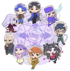 4girls 5boys bald black_sclera blue_boots blue_coat blue_hair blue_hat boots brown_jacket brown_pants cane cheekbones chibi chibi_only closed_mouth coat colored_sclera command_spell copyright_name dark_sakura emiya_shirou fate/stay_night fate_(series) glasses glint green_jacket green_pants grey_hair hal_(haaaalhal) hat illyasviel_von_einzbern index_finger_raised jacket kotomine_kirei kuzuki_souichirou matou_sakura matou_shinji matou_zouken multiple_boys multiple_girls orange_hair pants pleated_skirt priest purple_hair red_shirt shirt shoes short_hair skirt tohsaka_rin white_shoes