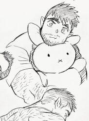 Rule 34 | 2boys, alternate facial hair, arm hair, bara, beard, billy russell (dickfish), casual, cropped torso, dickfish (fishismdick), facial hair, head tilt, highres, holding, holding stuffed toy, john rottweil (dickfish), looking at viewer, male focus, mature male, multiple boys, muscular, muscular male, hugging object, original, scan, shirt, short hair, sideburns, sketch, solo focus, stubble, stuffed toy, traditional media