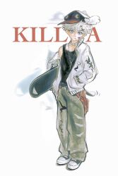 1boy alternate_costume bandaid bandaid_on_cheek bandaid_on_face black_tank_top character_name collar collarbone converse full_body gelb grey_pants hand_in_pocket hat highres holding holding_skateboard hunter_x_hunter jacket jacket_partially_removed jewelry killua_zoldyck long_sleeves looking_at_viewer male_focus necklace pants shoes short_hair single_bare_shoulder skateboard sketch sneakers studded_collar tank_top white_collar white_hair white_jacket winged_hat
