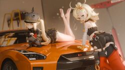 2girls 3d absurdres bare_legs bare_shoulders barefoot black_gloves black_jacket black_shorts blonde_hair car closed_mouth combat_helmet detached_pants detached_sleeves dkclaude3d fur-trimmed_shorts fur_trim gloves green_eyes helmet highres jacket looking_at_viewer luciana_de_montefio lying motor_vehicle multiple_girls nissan nissan_skyline nissan_skyline_gt-r on_car on_stomach open_mouth orange_car pickelhaube piper_wheel red_eyes shorts side_ponytail strapless tube_top zenless_zone_zero