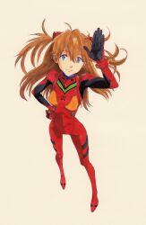 Rule 34 | 1girl, arm up, blue eyes, bodysuit, full body, hand on own hip, highres, interface headset (evangelion), long hair, looking at viewer, mecha pilot suit, neon genesis evangelion, payama, red bodysuit, simple background, solo, souryuu asuka langley, standing