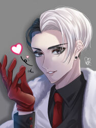 1boy artist_name black_eyes black_hair blowing_kiss divus_crewel earrings gloves grey_background jewelry long_sleeves looking_at_viewer male_focus momo_(aiueoaiueoaoi) multicolored_hair necktie parted_lips red_gloves red_necktie short_hair simple_background solo stud_earrings twisted_wonderland two-tone_hair two-tone_vest upper_body vest white_hair