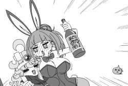 Rule 34 | 1other, 2girls, :o, alternate breast size, alternate hairstyle, animal ears, bare shoulders, bleach, blush, bouncing breasts, breasts, breasts squeezed together, crossover, curvy, dated, detached collar, disgust, dokugamine riruka, dragon quest, dragon quest iii, drunk, embarrassed, emphasis lines, face to breasts, fake animal ears, fingernails, hair bun, hanya (hanya yashiki), highleg, highleg leotard, highres, hug, large breasts, leotard, long hair, looking at another, monochrome, multiple girls, original, pantyhose, playboy bunny, ponytail, rabbit ears, simple background, slime (dragon quest), sweat, sweatdrop, tsundere, upper body, very long hair, wavy mouth, wide hips
