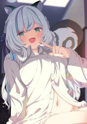 Rule 34 | 1girl, :d, absurdres, animal ear fluff, animal ears, blue hair, blush, breasts, collared shirt, commission, dress shirt, fang, green eyes, grey hair, hair between eyes, hair ribbon, highres, indoors, long hair, long sleeves, looking at viewer, medium breasts, multicolored hair, naked shirt, navel, open mouth, original, partially unbuttoned, pointing, ribbon, shiro9jira, shirt, sitting, skeb commission, skin fang, smile, solo, squirrel tail, streaked hair, tail, white hair, white shirt