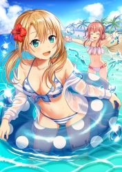 2girls :d aqua_eyes beach bikini blonde_hair blue_sky breasts cleavage closed_eyes clothes_down cloud collarbone day flat_chest flower frilled_bikini frills hair_between_eyes hair_flower hair_ornament hibiscus highres innertube jacket long_hair medium_breasts multiple_girls navel ocean open_clothes open_jacket open_mouth original outdoors outstretched_arms palm_tree pink_hair polka_dot red_flower scrunchie sidelocks sky smile sparkle standing striped_bikini striped_clothes swim_ring swimsuit transparent tree twintails wading water wet_jacket white_bikini white_jacket white_polka_dots white_scrunchie wrist_scrunchie yuusa