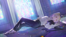 1girl absurdres ahoge black_pants dong100art full_body hair_between_eyes hand_on_own_chest high_collar highres korean_commentary light_particles light_rays long_hair looking_afar lying mole mole_under_each_eye mole_under_eye multiple_moles on_back on_ground original pants parted_lips ponytail red_eyes shirt solo stained_glass very_long_hair white_hair white_shirt
