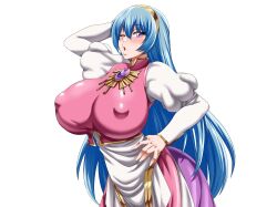 Rule 34 | 1girl, :o, arm behind head, ass, blowing kiss, blue hair, blush, breasts, covered erect nipples, dress, estpolis denki, female focus, gem, hairband, hand on own hip, highres, huge ass, huge breasts, jewelry, long hair, looking at viewer, lufia, model pose, naughty face, necklace, nightmare-doom, one eye closed, open mouth, pendant, puckered lips, puffy sleeves, purple eyes, sash, skirt, solo, standing, tia (estpolis denki), transparent background, very long hair, wink