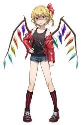 1girl alternate_costume angry blonde_hair crystal_wings denim denim_shorts flandre_scarlet hair_ribbon highres jacket leather leather_jacket masho_makamaka medium_hair one_side_up red_eyes red_jacket red_ribbon ribbon shoes shorts simple_background sneakers socks solo tank_top touhou v-shaped_eyebrows white_background wings