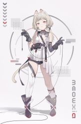 Rule 34 | 1girl, animal ears, arm warmers, asymmetrical legwear, bare shoulders, belt, belt pouch, black boots, black gloves, black shorts, boots, borrowed character, breasts, cat ears, cat girl, cat tail, commentary, full body, gloves, grey hair, highres, holding, kneehighs, long hair, looking at viewer, low twintails, medium breasts, midori fufu, original, parted lips, pouch, red eyes, see-through clothes, see-through shirt, shirt, short shorts, shorts, single arm warmer, single kneehigh, single sock, single thighhigh, sleeveless, sleeveless shirt, socks, solo, standing, symbol-only commentary, tail, thighhighs, twintails, white shirt, white socks, white thighhighs, wire
