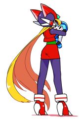 1girl android bliss_zero_(mega_man) blonde_hair bodysuit full_body genderswap genderswap_(mtf) helmet long_hair mega_man_(series) mega_man_zero_(series) stuffed_toy yuriyuri_(ccc) zero(z)_(mega_man) zero_(mega_man)