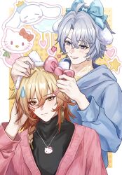 2boys absurdres animal_ears antenna_hair blonde_hair blue_bow blue_eyes blue_hoodie blush bow braid cardigan chinese_commentary cinnamoroll commentary_request earrings fake_animal_ears flustered food fruit fuwa_fuwa_cinnamoroll gold_earrings gradient_hair hair_between_eyes hair_ornament hairpin hand_on_own_head headband heart_sticker hello_kitty highres holding_headband honkai:_star_rail honkai_(series) hood hood_down hoodie jewelry llin-hayashi long_sleeves multicolored_hair multiple_boys necklace pink_cardigan red_bow red_hair sanrio short_hair side_braid star_sticker strawberry sun_symbol sun_tattoo sweatdrop sweater tan turtleneck turtleneck_sweater white_hair yellow_eyes