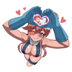 Rule 34 | 1girl, :q, areola slip, armpits, bare shoulders, blush, from above, gloves, heart, heart hands, highres, long hair, nintendo, one eye closed, pokemon, pokemon bw, red hair, skyla (pokemon), teeth, thigh strap, tongue, tongue out, white background, wink, ytrall