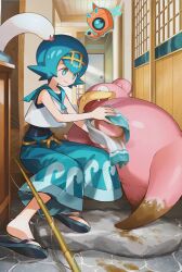 Rule 34 | 1girl, blue eyes, blue hair, blue pants, blue sailor collar, blush, breasts, bright pupils, capri pants, closed mouth, fishing rod, gen 1 pokemon, gen 4 pokemon, gold hairband, hairband, highres, lana (pokemon), mud, nintendo, one-piece swimsuit, orange mikan, pants, pokemon, pokemon (creature), pokemon sm, rotom, rotom (wash), sailor collar, sandals, shirt, short hair, sleeveless, slowpoke, small breasts, smile, swimsuit, swimsuit under clothes, towel, wave print, wiglett, yellow hairband