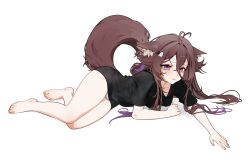 Rule 34 | absurdres, ahoge, animal ear fluff, animal ears, artist name, bare legs, barefoot, black shirt, brown hair, closed mouth, collarbone, commentary, commission, fox ears, fox girl, fox tail, hair between eyes, hair ornament, hair over shoulder, hairclip, heart, heart ahoge, highres, indie virtual youtuber, long hair, looking at viewer, lying, multicolored hair, ohkurrva, on side, one-piece swimsuit, purple eyes, purple hair, purple ribbon, ribbon, rima evenstar, shirt, short sleeves, sidelocks, simple background, swimsuit, symbol-shaped pupils, t-shirt, tail, twitter username, two-tone hair, virtual youtuber, white background, white one-piece swimsuit
