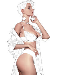 1girl absurdres ass blue_eyes bra breasts cleavage earrings from_side glasses highres jewelry large_breasts original panties partially_colored robe round_eyewear short_hair simple_background solo standing underwear white_background wonbin_lee