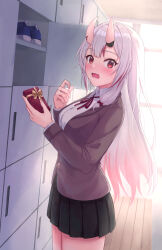 1girl absurdres alternate_costume black_skirt blush breasts brown_jacket center-flap_bangs collared_shirt cowboy_shot fang gift gradient_hair grey_hair highres holding holding_gift hololive horns indoors jacket leeshin0919 locker long_hair looking_at_viewer looking_to_the_side medium_breasts multicolored_hair nakiri_ayame neck_ribbon oni open_mouth pleated_skirt red_eyes red_hair red_ribbon red_streaks ribbon school_uniform shirt shoes skin-covered_horns skin_fang skirt solo streaked_hair sweatdrop unworn_shoes valentine virtual_youtuber white_shirt