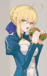 Rule 34 | 1girl, absurdres, ahoge, artoria pendragon (fate), blonde hair, blue dress, blue ribbon, braid, breasts, burger, caat106, cleavage, cleavage cutout, clothing cutout, dress, fate/stay night, fate (series), food, green eyes, hair bun, hair ribbon, highres, juliet sleeves, long hair, long sleeves, looking at viewer, medium breasts, open mouth, puffy sleeves, ribbon, saber (fate), sidelocks, solo