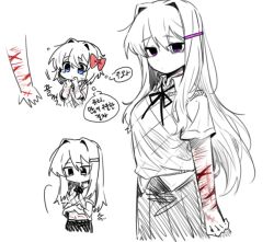 Rule 34 | 2girls, arms at sides, black ribbon, blood, blue eyes, breasts, clothes lift, cuts, cutting, doki doki literature club, doki doki literature club school uniform, hair between eyes, hair intakes, hair ornament, hairclip, hands on own face, injury, large breasts, lifting own clothes, long hair, looking at hand, looking at viewer, multiple girls, purple eyes, ribbon, sayori (doki doki literature club), scar, scar on arm, school uniform, self-harm, self-harm scar, shirt lift, short hair, skirt, speech bubble, ting mong, wrist cutting, yuri (doki doki literature club)