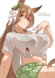 1girl absurdres animal_ears artist_name bikini black_bikini breasts brown_hair closed_mouth collarbone commentary cowboy_shot floral_print floral_print_shorts green_shorts highres horse_ears horse_girl large_breasts long_hair midriff mugichazuki navel print_shorts satono_diamond_(umamusume) shirt short_sleeves shorts simple_background smile solo split_mouth swimsuit tied_shirt twitter_username umamusume underboob wet wet_clothes wet_shirt white_background white_shirt