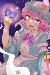 Rule 34 | 1girl, :d, blue dress, blue hat, bow, bowtie, bug, butterfly, cowboy shot, dress, falling petals, fdqvoolemonade, flower, frilled dress, frills, ghost, glowing butterfly, hand up, hat, holding, holding lantern, insect, lantern, light blush, medium hair, mob cap, open mouth, petals, pink eyes, pink flower, pink hair, pink petals, purple background, purple bow, purple bowtie, purple butterfly, saigyouji yuyuko, sash, smile, solo, star (symbol), touhou, triangular headpiece, veil, white sash, white veil