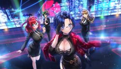 4girls ayato_utae black_dress black_gloves black_necktie black_skirt black_suit blue_eyes blue_hair bra bra_peek breasts brown_hair business_suit cityscape cleavage dolphin_hair_ornament dolphin_wave dress dress_shirt drill_hair drill_sidelocks formal_clothes game_cg glasses gloves green_eyes green_hair green_scrunchie hair_ornament hair_scrunchie harunami_anri highres jacket jacket_on_shoulders large_breasts long_hair looking_at_viewer medium_hair multiple_girls necktie night night_sky non-web_source official_alternate_costume official_alternate_hairstyle official_art one_side_up ootomo_takuji pencil_skirt ponytail red_hair red_jacket rooftop round_eyewear sakimiya_iruka scrunchie shirt short_hair sidelocks skirt skirt_suit sky suit suit_jacket tojou_michiru underwear wind yellow_eyes