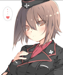 Rule 34 | ..., 10s, 1girl, black hat, black jacket, blush, brown eyes, brown hair, closed mouth, commentary request, dress shirt, embarrassed, female focus, garrison cap, girls und panzer, hair between eyes, hand on own chest, hat, heart, highres, jacket, kuromorimine military uniform, light frown, long sleeves, looking at viewer, military, military hat, military uniform, nishizumi maho, portrait, red shirt, shirt, short hair, simple background, solo, spoken ellipsis, spoken heart, tabuchi (tabuchisanchi), white background